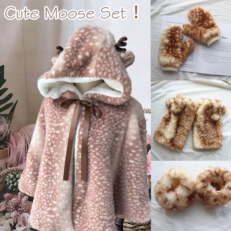 Winter Clothing Cute - เสื้อคลุมกันลมลายกวางน่ารักสไตล์ญี่ปุ่นสำหรับผู้หญิงช่วงฤดูหนาว ผ้าพลัฌพิมพ์ลายจุดคริสต์มาส หนานุ่ม อบอุ่น สไตล์คาวาอี้
