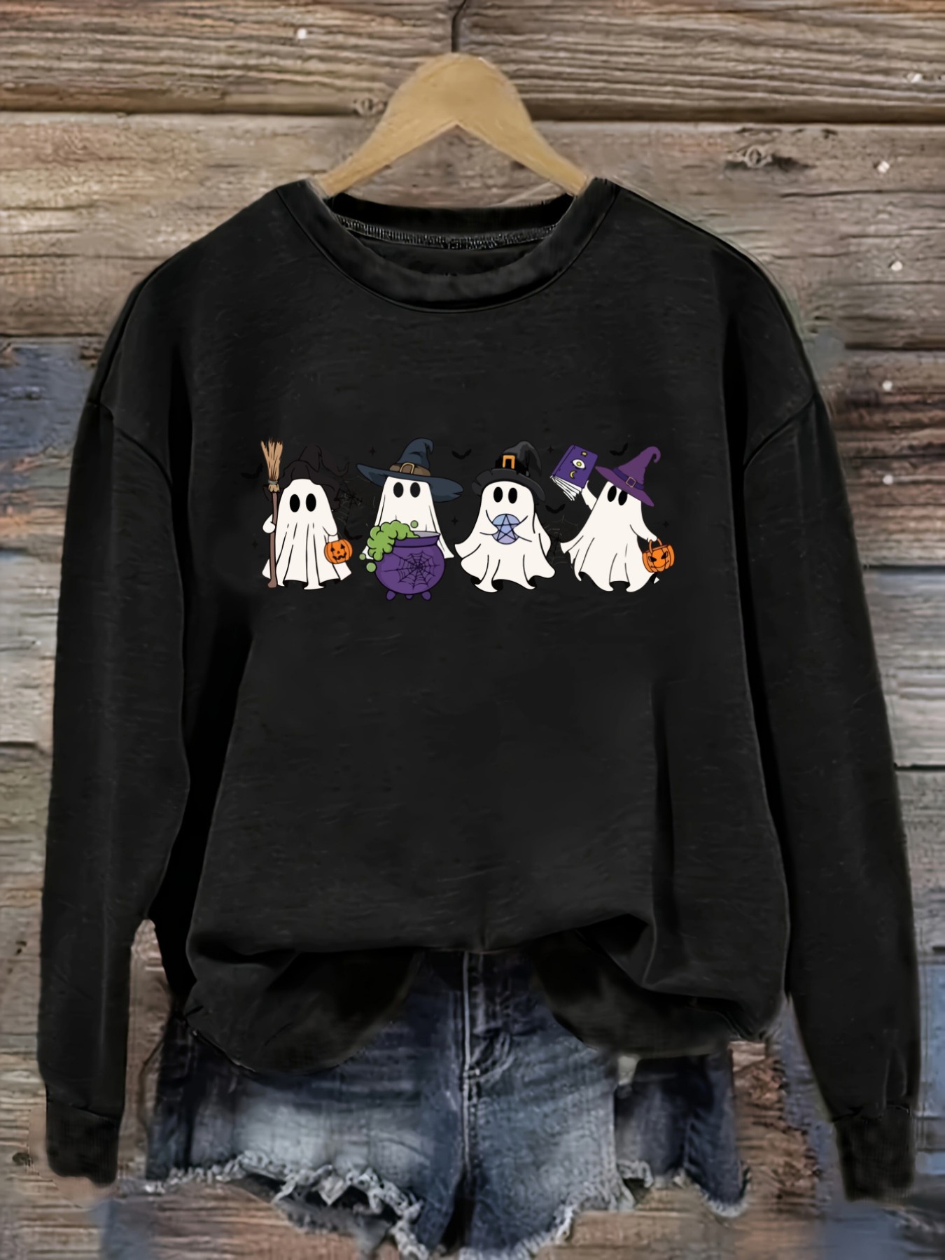 Winter Clothing Cute - เสื้อยืดแขนยาวคอกลมลำลองสำหรับผู้หญิง ลายพิมพ์ผีฮาโลวีนและแม่มดสุดน่ารัก เสื้อผ้าผู้หญิงคอกลม ซักเครื่องได้ ยืดหยุ่นเล็กน้อย ทรงหลวม
