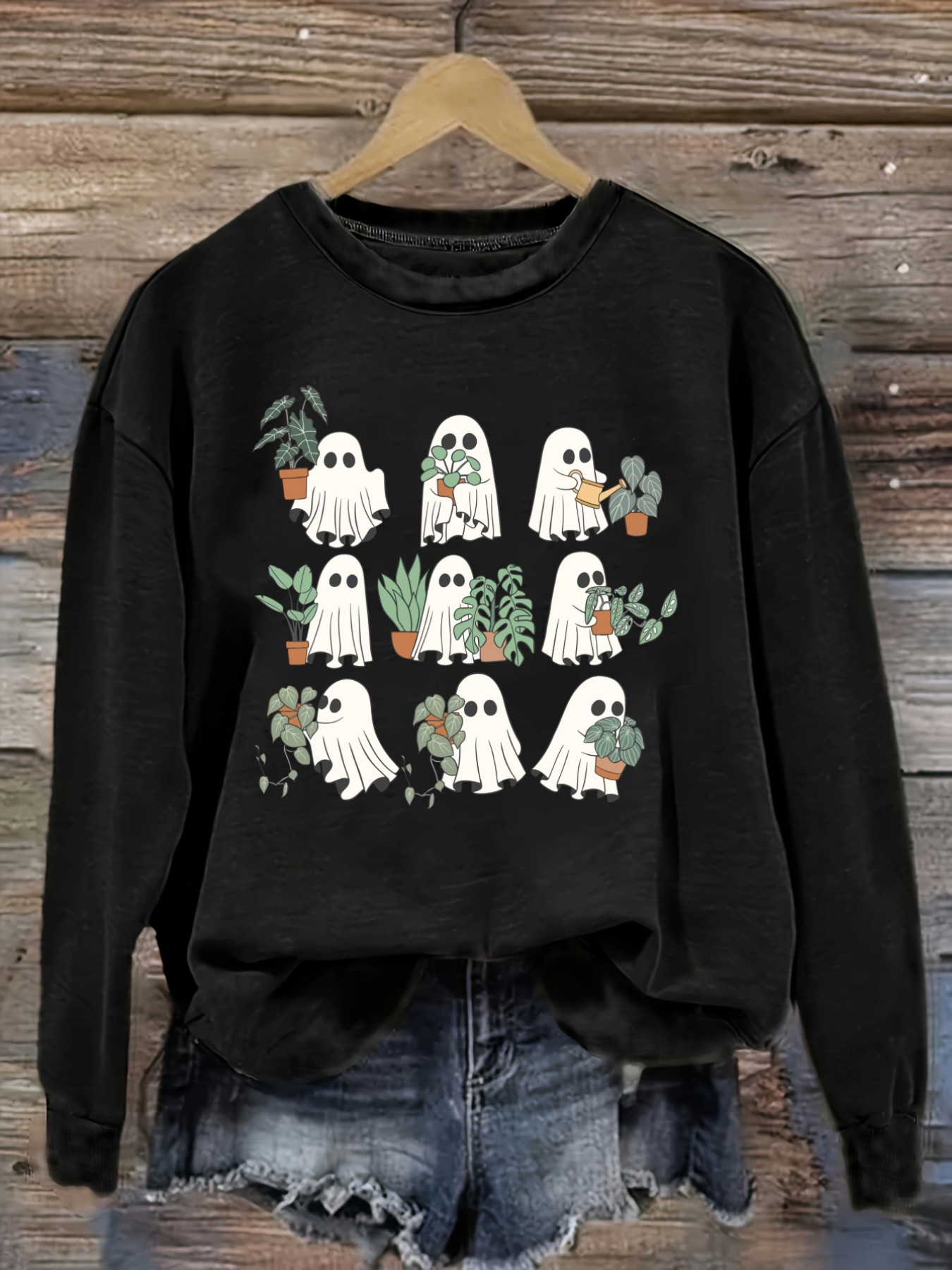 Winter Clothing Cute - เสื้อยืดแขนยาวคอกลมลำลองสำหรับผู้หญิง ลายผีน่ารักถือกระถางต้นไม้ เสื้อผ้าผู้หญิงคอกลม ซักเครื่องได้ ยืดหยุ่นเล็กน้อย ทรงหลวม