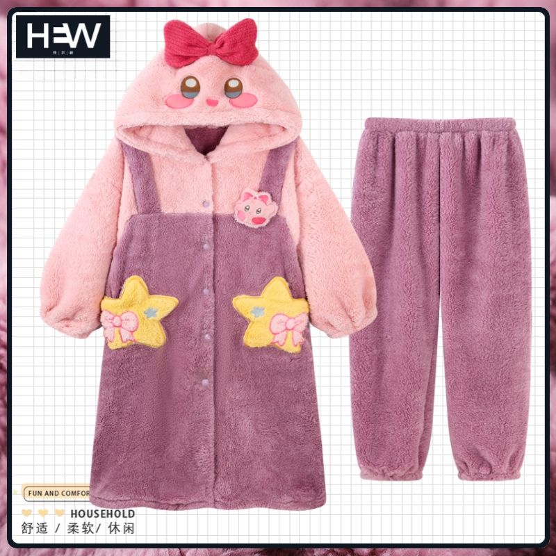 Winter Clothing Cute - ชุดนอนผ้ากำมะหยี่ลายการ์ตูนสำหรับผู้หญิง ชุดคลุมมีฮู้ดลายคิรบี้น่ารัก เสื้อผ้าสำหรับฤดูใบไม้ร่วงและฤดูหนาวสำหรับสาวๆ หนานุ่ม อุ่นสบาย เหมาะเป็นของขวัญวันหยุด